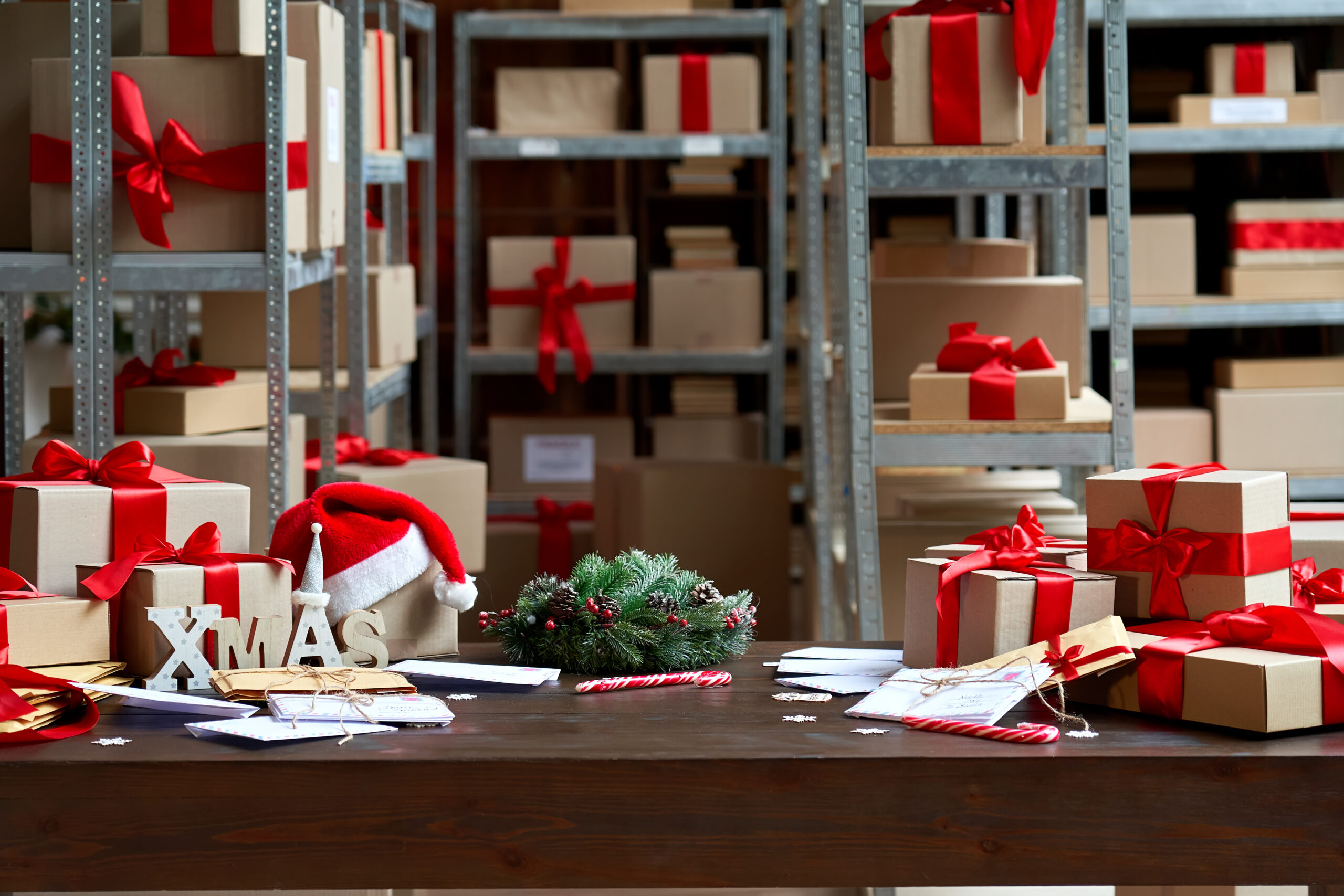 Decorated,Merry,Christmas,Table,With,Gifts,Boxes,In,Warehouse,Interior